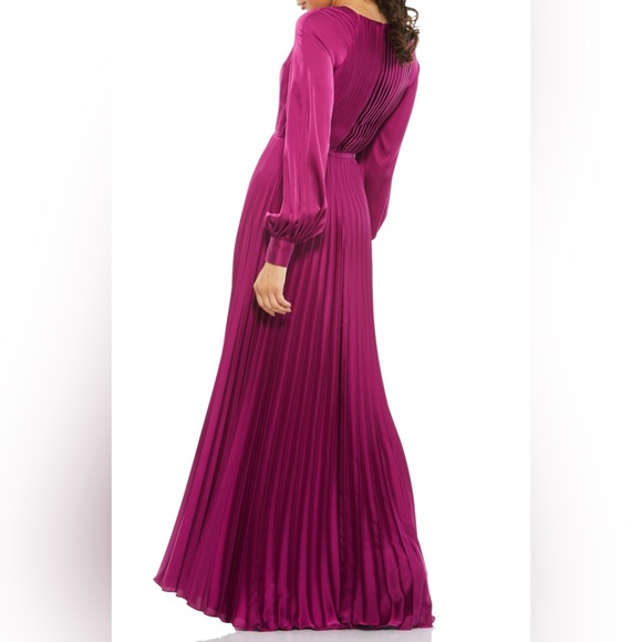 Mac Duggal Pleated Long Sleeve Satin A-Line Gown - Picture 2 of 10
